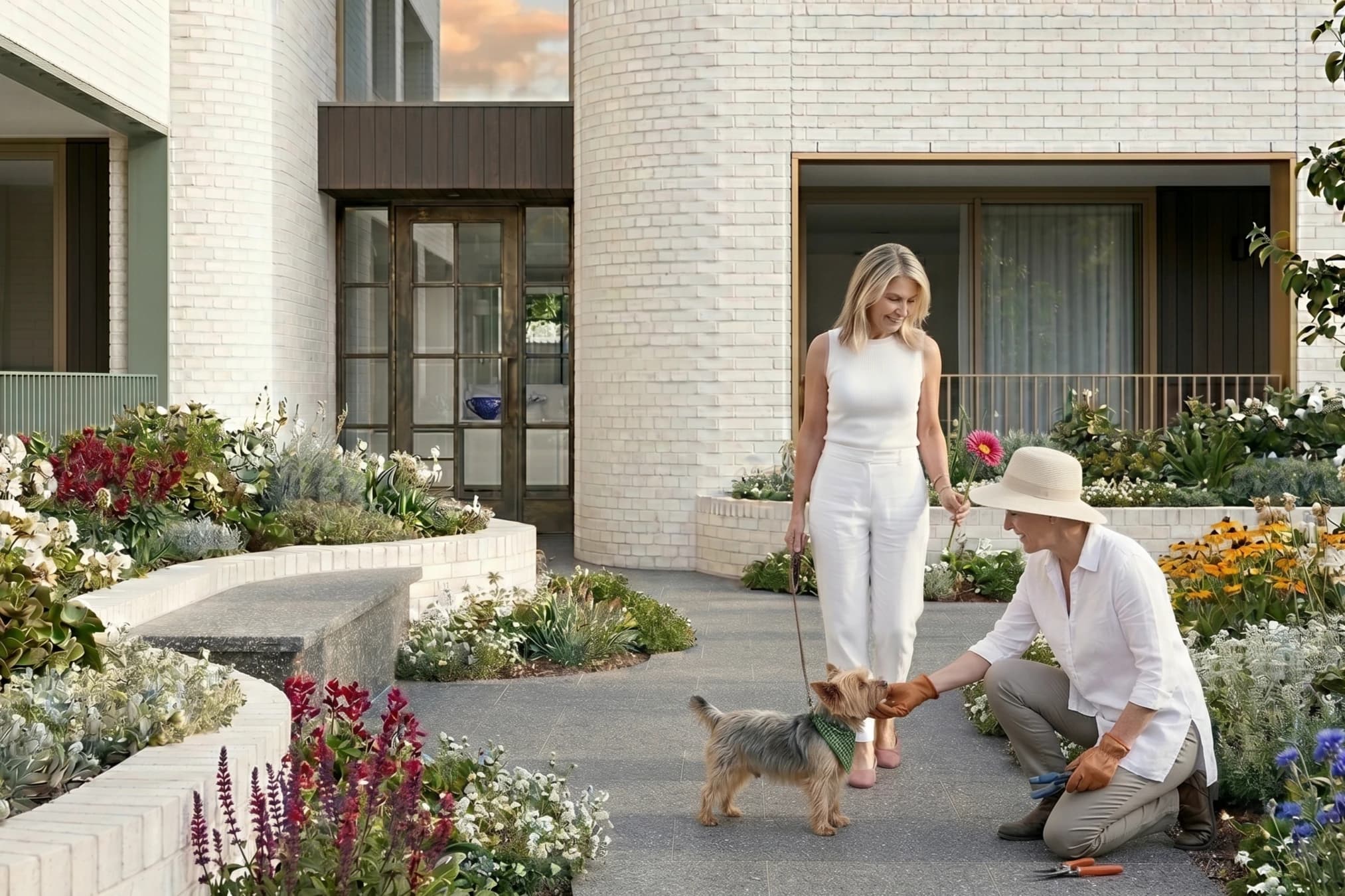 Two women and a dog in a garden outside a modern white brick building during sunset. One woman is standing and the other is kneeling, petting the dog, which is wearing a green bandana. The garden has various flowers, and the women appear to be engaging in gardening or playing with the dog.